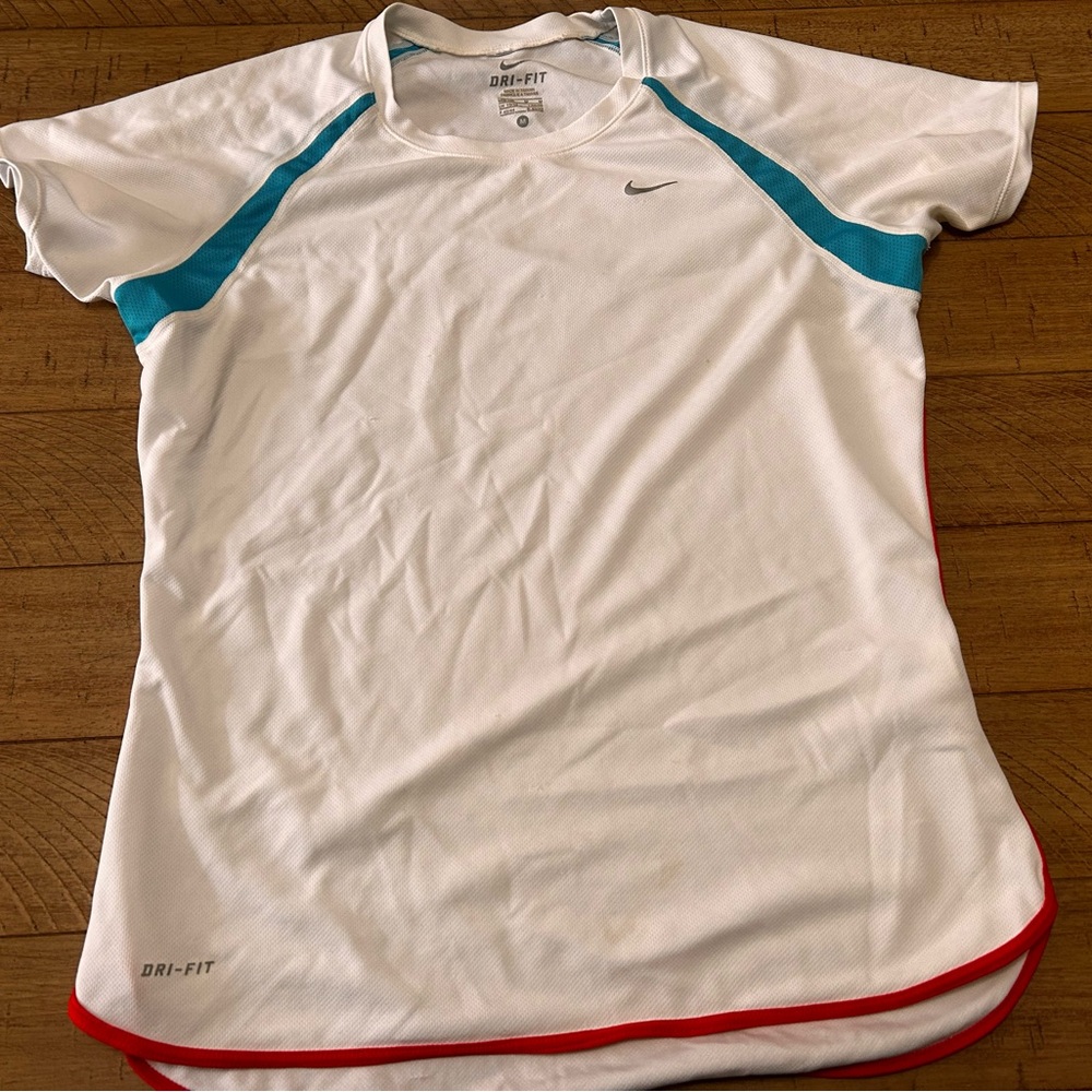 Nike White Tee with Blue and Red Accents